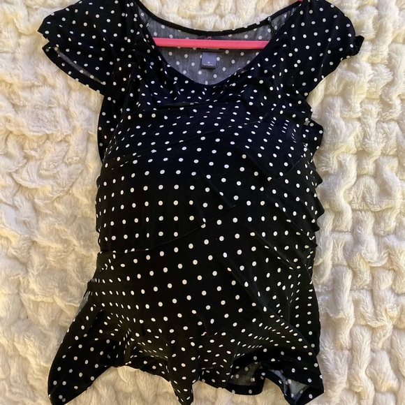 🔥HP🔥Oh Baby sz M black/white polka dot maternity blouse ruffles short sl… - Picture 2 of 4